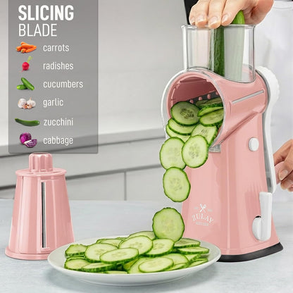 Zulay Kitchen Rotary Cheese Grater 5 Blade Cheese Shredder - Manual Hand Crank Cheese Grater With Reinforced Suction & 5 Interchangeable Drums - Easy to Use, Vegetable Chopper Round Mandoline Slicer - Colors B