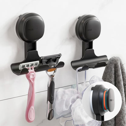 TAILI 2 Pack Upgraded Suction Cup Razor Holder for Shower Waterproof, Black | Visible Safety Indicator, Rust-Resistant Bathroom Organizer, No-Drill Glass Shower Wall Hook for Towel,Loofah,Razor,Squeegee