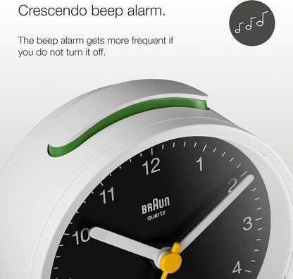 Braun Classic Analogue Alarm Clock with Snooze and Light, Quiet Quartz Movement, Crescendo Beep Alarm in White, Model BC12W.