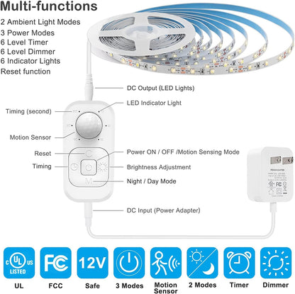 Motion Sensor Under Cabinet Lights - Plug-in LED Strip Lights Indoor with Power Adapter, Dimmer and Timer for Kitchen Cabinet, Counter, Shelf, Showcase, Stairway, Bedroom, Corridor, Washroom