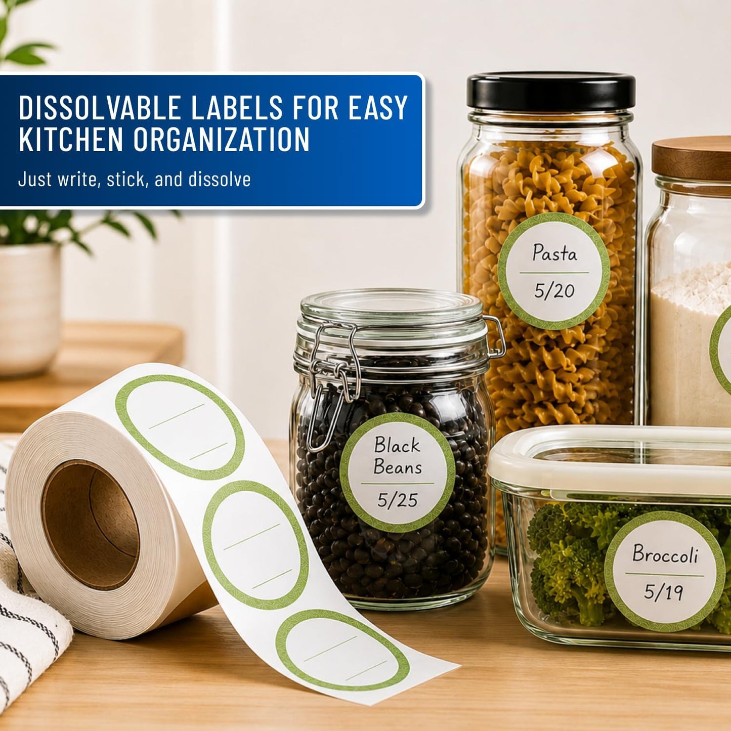 Water Soluble Labels for Food Containers – Dissolvable Kitchen Labels – No Sticky Residue – 2" Diameter, Two-Line Writable Surface, 200 Labels Per Roll (Purple)