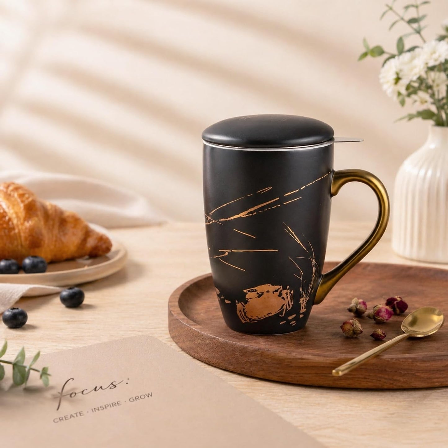 AmorArc Tea Cup With Infuser and Lid, 18oz Loose Leaf Tea Mug With Steeper | Porcelain Tea Mug With Infuser and Lid, Large Strainer Tea Cup with Lid for Tea, Coffee Mug for House-warming Birthday Gift