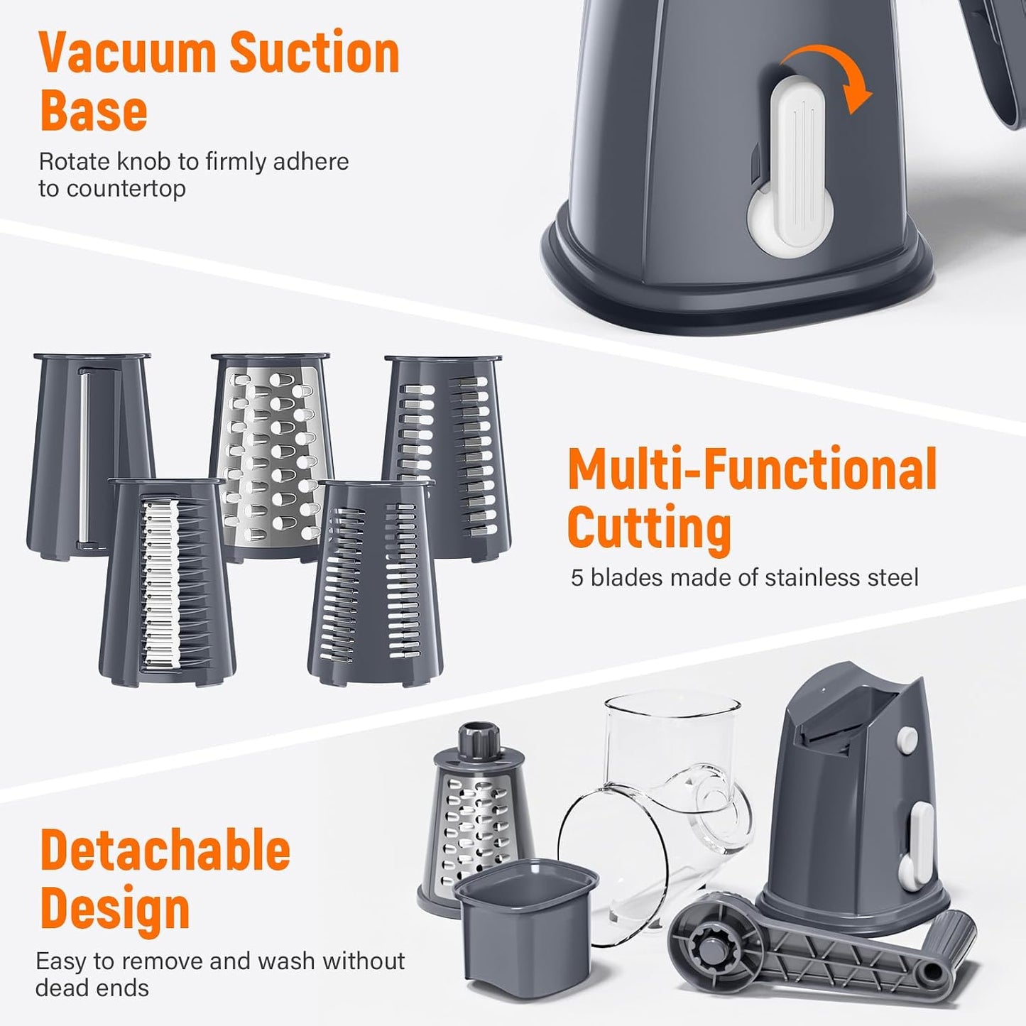 Rotary Cheese Grater Hand Crank with 5 Interchangeable Blades, Vegetable Slicer Chopper for Fruit Vegetable Nuts, Mandoline Slicer for Kitchen with Blades Rack & Suction Base, White