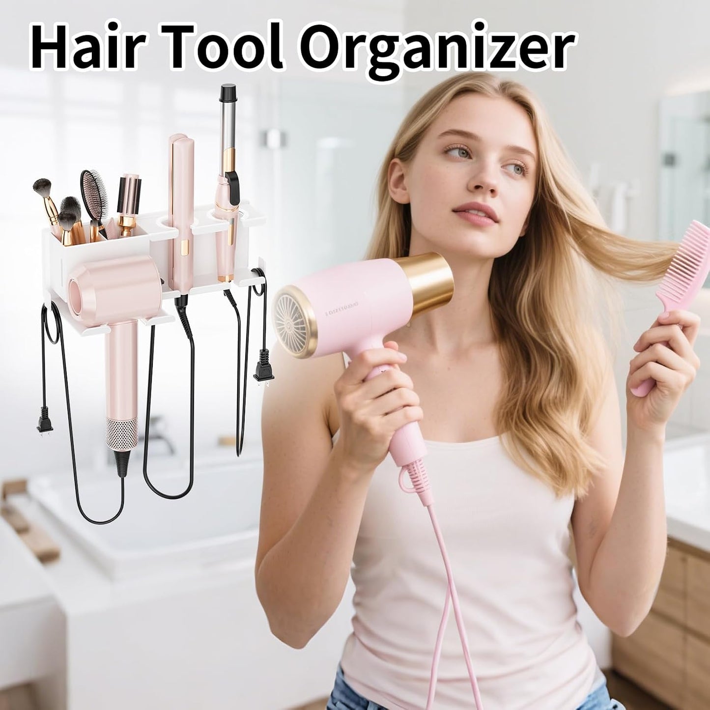 Hair Dryer Holder, Hair Tool Organizer Wall Mount, Adhesive or Drill, White | Blow Dryer Holder for Dryer Hook, Straightener Curling Irons Hairdryer Hair Appliance Hanger for Salon Bathroom Wall Storage