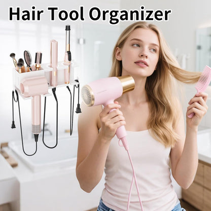Hair Dryer Holder, Hair Tool Organizer Wall Mount, Adhesive or Drill, White | Blow Dryer Holder for Dryer Hook, Straightener Curling Irons Hairdryer Hair Appliance Hanger for Salon Bathroom Wall Storage