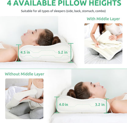 UTTU Cervical Pillow for Neck Pain Relief, Memory Foam Neck Pillow for Sleeping, Adjustable Orthopedic Sandwich Pillow, Contour Cooling for Side Back Stomach Sleeper, Queen(23.6"×13.8"×5.2"/4.5")