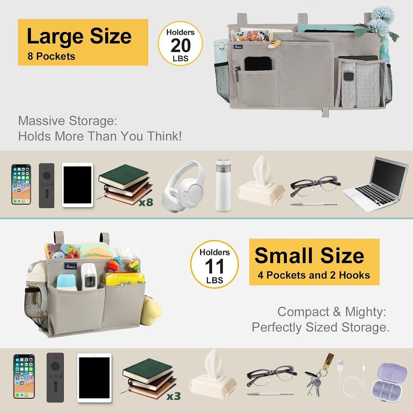 Surblue Bedside Caddy Hanging Organizer Storage Bag Pocket for Bunk, Hospital, College Dorm Rooms, Baby Bed Rails, Camp - 4 Pockets, 2 Hooks (Blue)