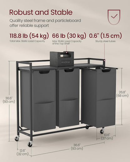 VASAGLE Laundry Sorter, 29 Gal. (110 L) Laundry Hamper Basket with 2 Compartments, Rolling Cart with Wheels, Shelf, Removable Bags, Pockets, Ink Black and Rustic Brown UBLH021B01