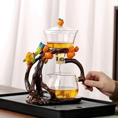 Glass Kungfu Teapot Set Tea maker with Infuser Semi Automatic Tea Set with 6 Small Cups (Red)