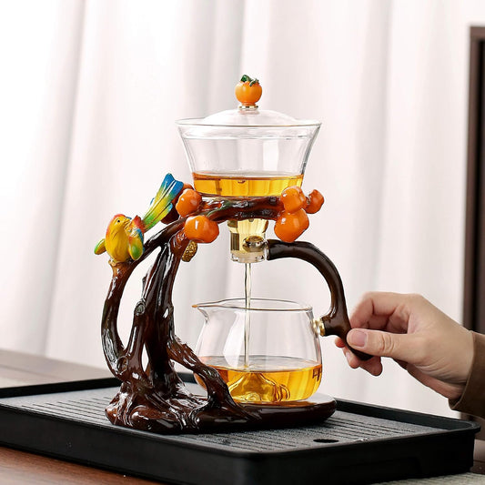 Glass Kungfu Teapot Set Tea maker with Infuser Semi Automatic Tea Set with 6 Small Cups (Red)