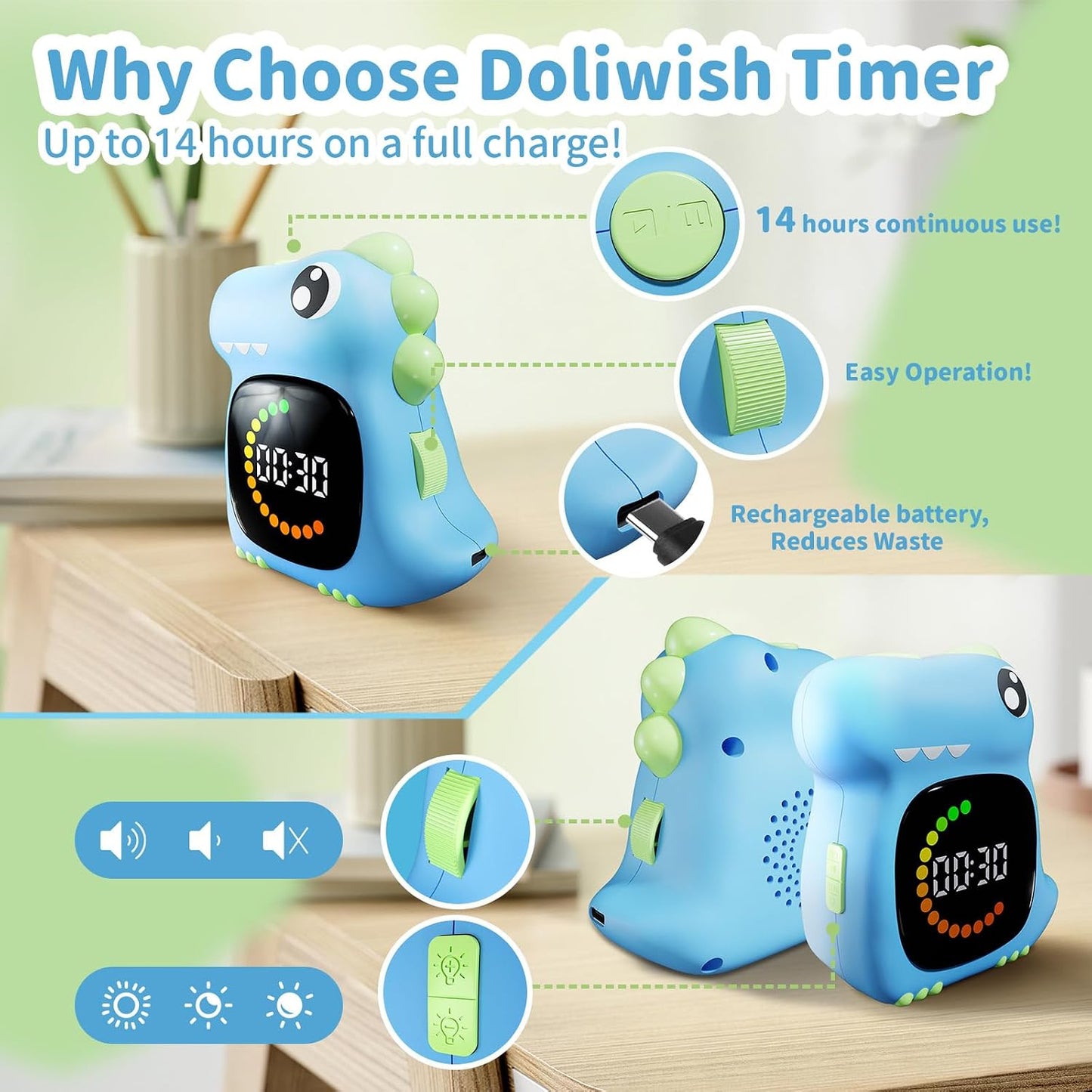 Pink Dinosaur Visual Timer for Kids, Girls Potty Training Timer | Color Countdown, Rechargeable, LED Screen, 99 Minute, Toddler, Children, Transition, 2-Min Toothbrush Setting, Hand Washing