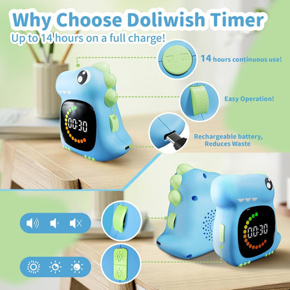 Pink Dinosaur Visual Timer for Kids, Girls Potty Training Timer | Color Countdown, Rechargeable, LED Screen, 99 Minute, Toddler, Children, Transition, 2-Min Toothbrush Setting, Hand Washing