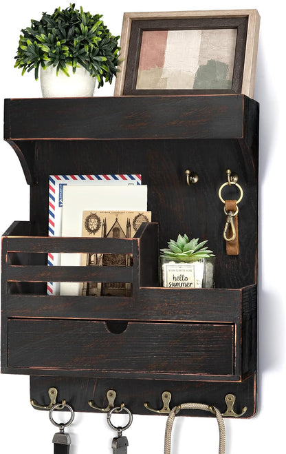 Rebee Vision Key Holder Wall Mount with Drawer Organizer for Entryway,Brown | Pine Wood, 6 Key Hooks, Display Shelf for Plants, Mail Slot for Storage Letter, Multi-Funtional Design, Home Storage