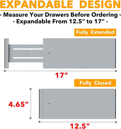 SpaceAid Bamboo Dresser Drawer Dividers 6 Pack, 4.65“ High Adjustable 12.5“-17” Drawer Organizers, Expandable Organization for Clothing, Clothes, Dressers, Natural