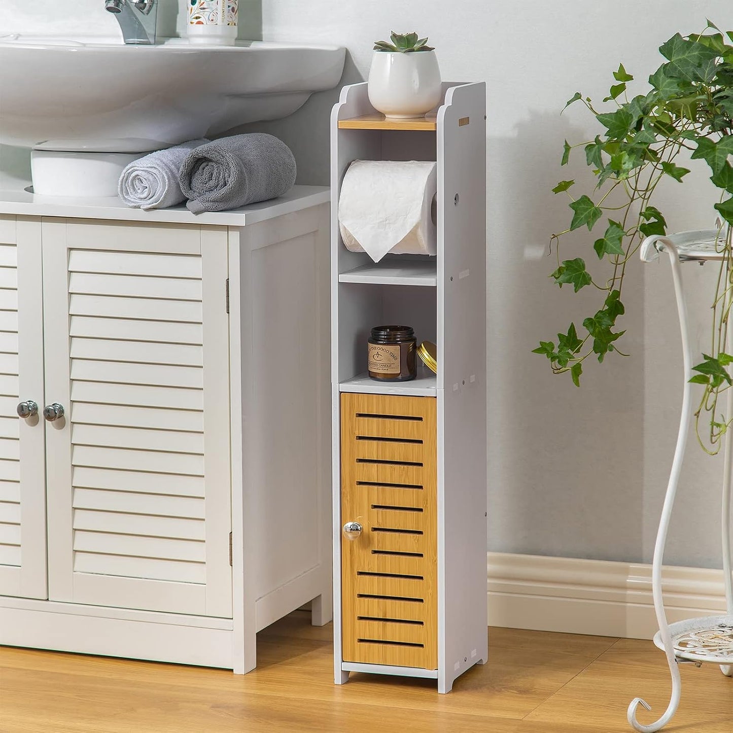 AOJEZOR Toilet Paper Holder Stand: Small Space Bathroom Storage for Renters