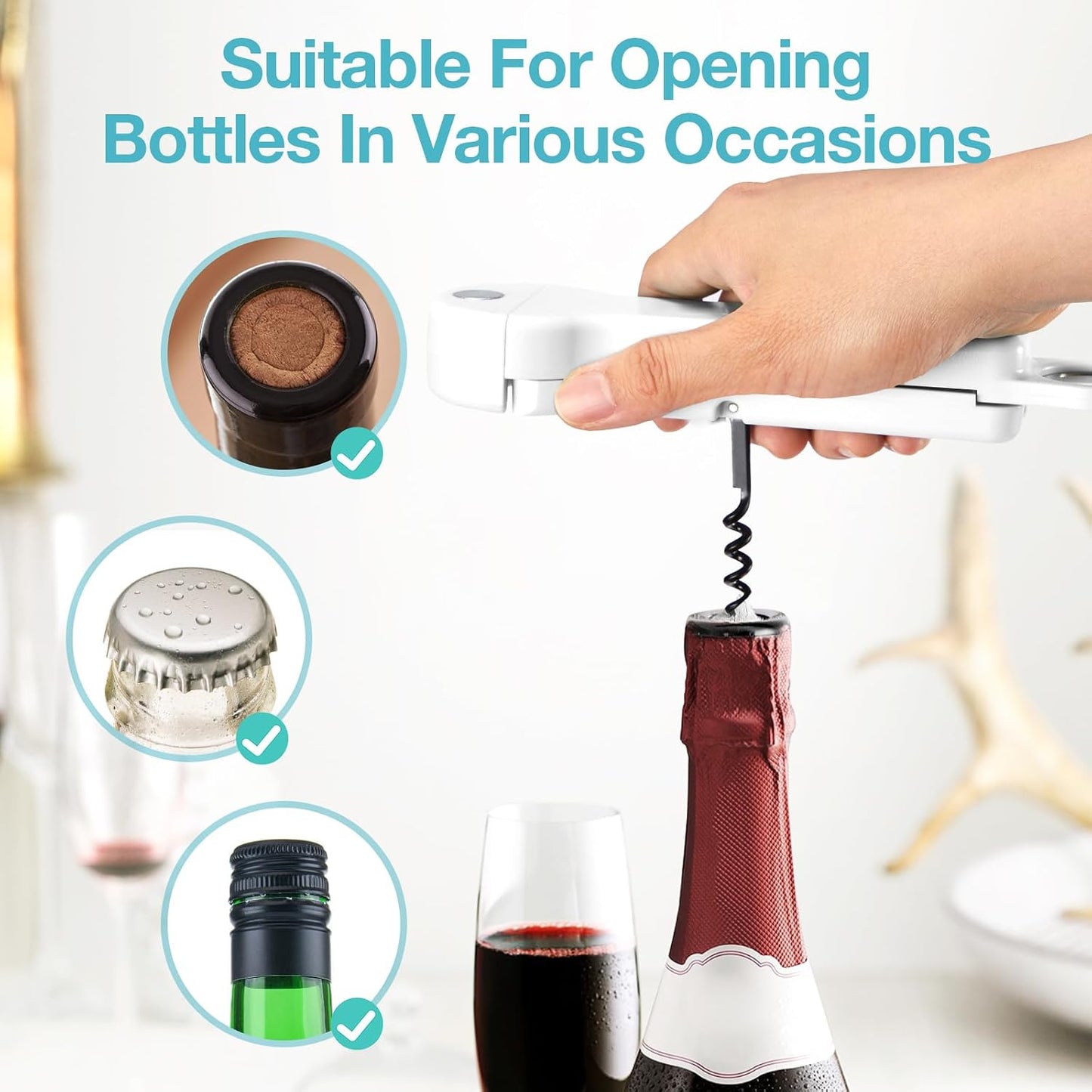 Jar Opener for Seniors with Arthritis, 7 in 1 Bottle Opener and Wine Corkscrew, Easy Grip Kitchen Gadget for Weak Hands Elderly, Retractable Jaw Lid Opener with Magnetic Storage (Teal)