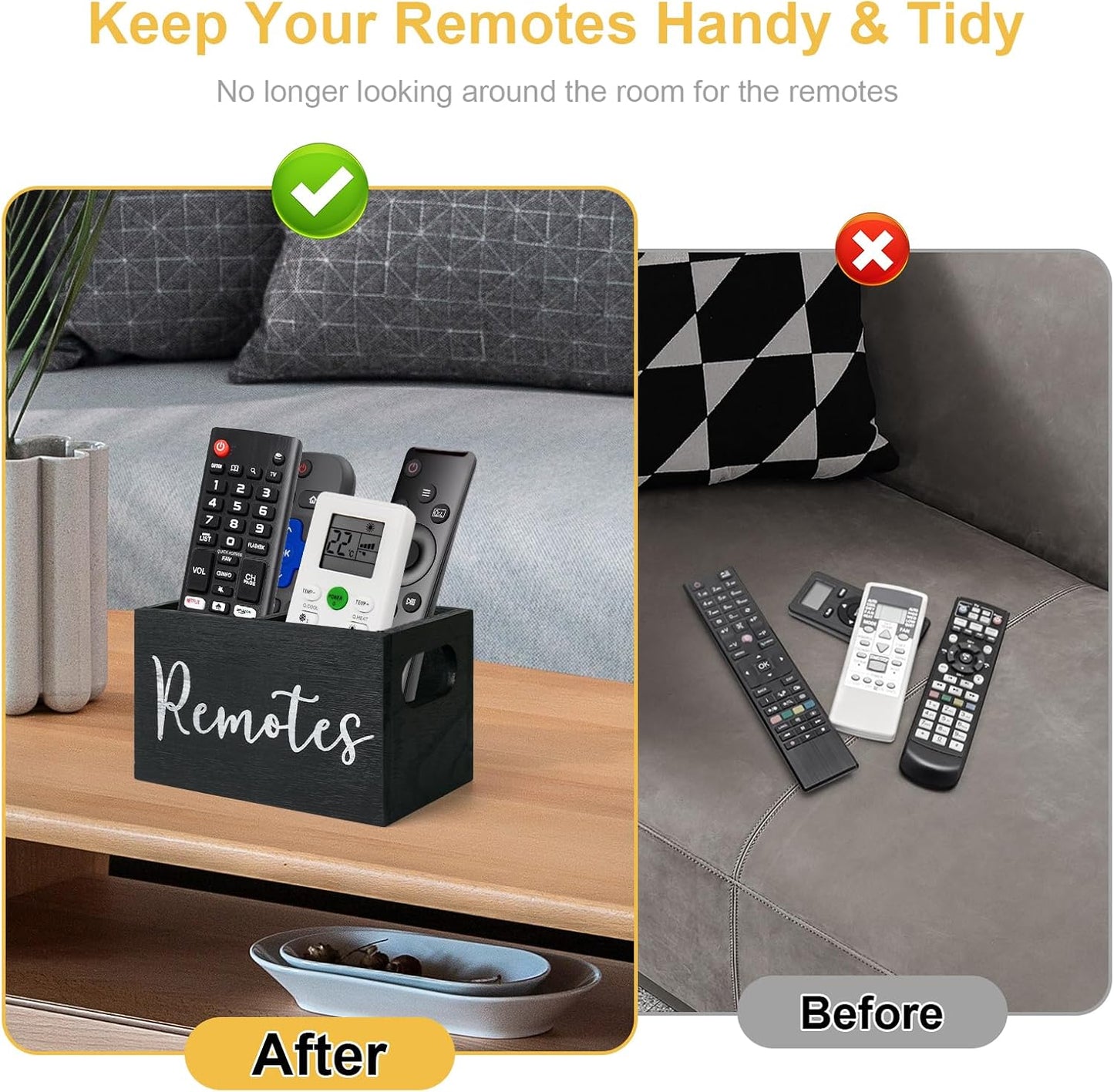 360° Rotating Remote Control Holder, Wooden TV Remote Holder for Table, Desk Organizer Caddy Media Storage Box for Living Room,Nightstand,Couch (Black)