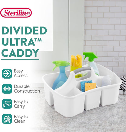 Sterilite Divided Ultra Caddy Storage Organizer for Bathroom, White, 4-Pack | Large Organization Holders and Stackable Plastic Containers for Toilet, Sink, Laundry, and Kitchen Cleaning Supplies