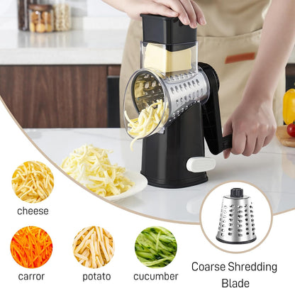 Weltonhm 4 in 1 Large Rotary Cheese Grater Hand Crank (black, 3 Graters) | Cheese Shredder Rotary and Slicer with 4 Stainless Steel Blades for Vegetables, Veggie and Cheese, Stronger Suction Base