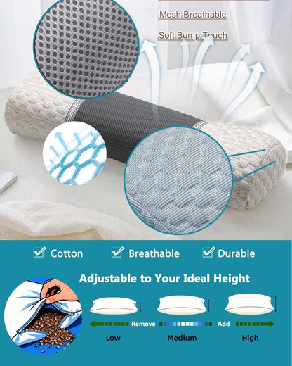 Buckwheat Cervical Pillow for Sleeping, Adjustable Roll Pillow for Neck Relief with Washable Pillowcase, Round Cylinder Bolster for Firm Support, 16x4 inch (Khaki)