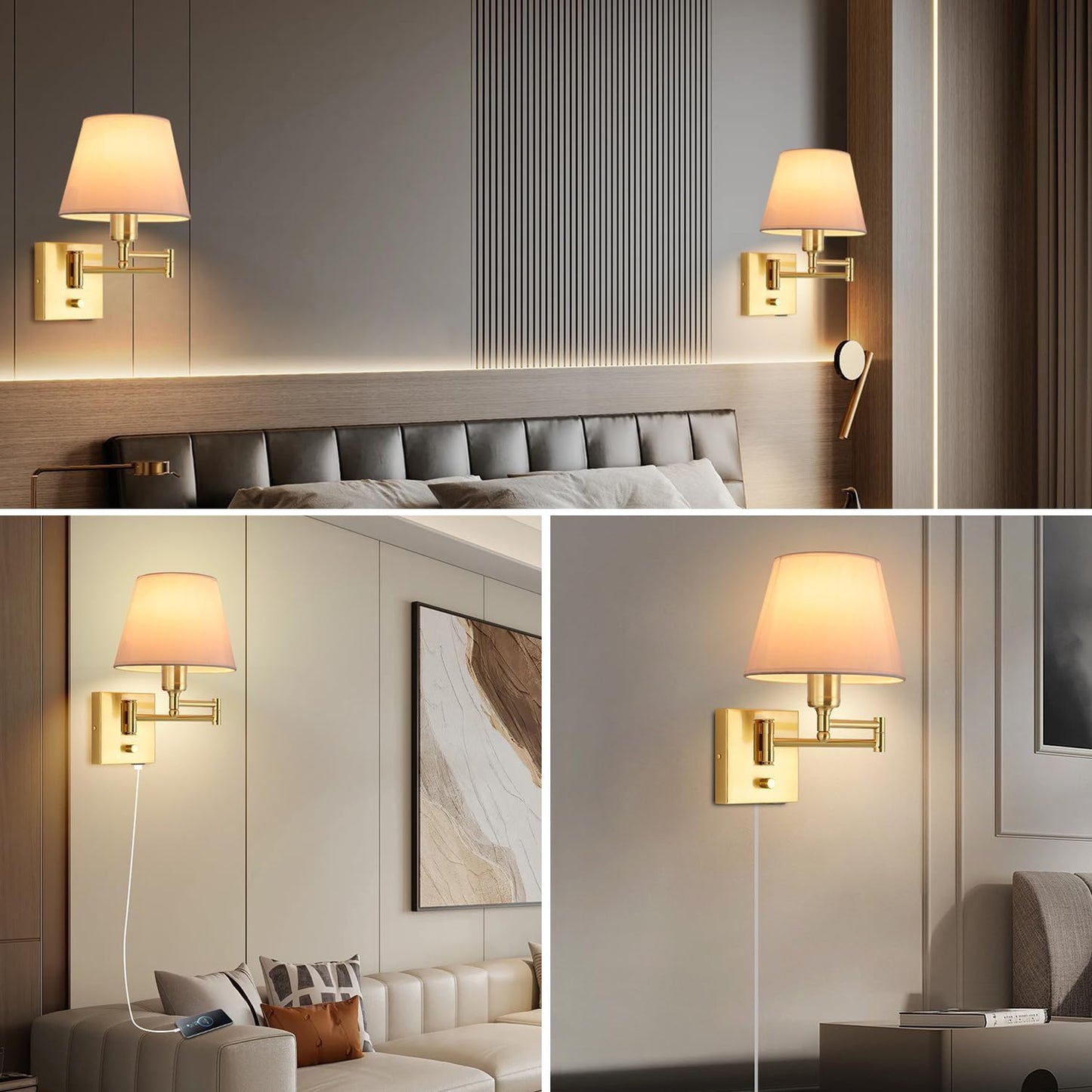 Bedside Wall Mount Light with Dimmable Switch and Outlet, Swing Arm Fabric Shade Wall Sconce Light with USB Port and Plug in Cord, Black Wall Lamp for Bedroom, Living Room and Hotel