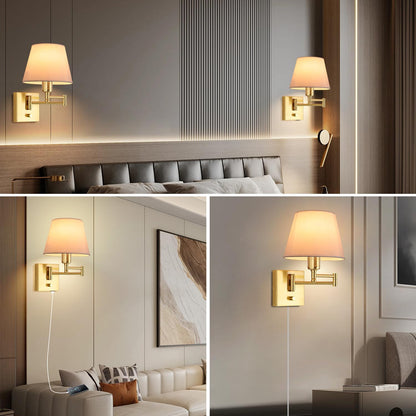 Bedside Wall Mount Light with Dimmable Switch and Outlet, Swing Arm Fabric Shade Wall Sconce Light with USB Port and Plug in Cord, Black Wall Lamp for Bedroom, Living Room and Hotel