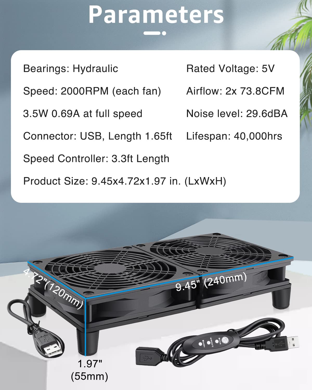 GDSTIME 240mm Router Fan Cooler with L/M/H Speed Control DC 5V USB Powered