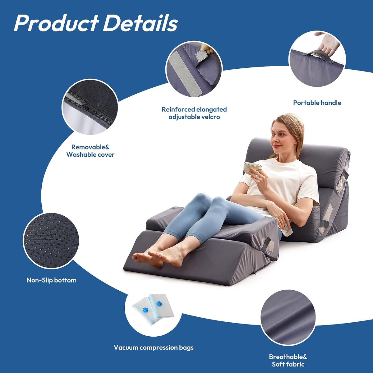 Ahpmeoa 6PCS Wedge Pillow Set for After Surgery, Back Pillow for Bed Sitting Up, Orthopedic Bed Wedge for Body, Leg Pain Relief, Memory Foam Pillow for Post Surgery, Sleeping, Acid Reflux, Plush Grey