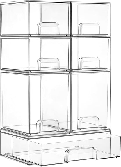 Vtopmart Clear Stackable Storage Drawers Set of 6, Plastic Organizer Bins | Multi-purpose Boxes for Bathroom Accessories Storage, Ideal for Cabinet, Shelf, Pantry, Laundry Room Organization
