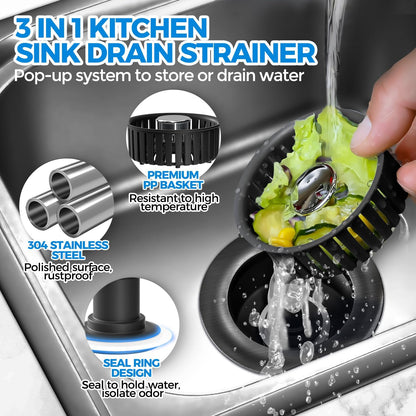 3 in 1 Kitchen Sink Drain Strainer Stopper Removable Basket Pop-Up | Kitchen Sink Food Strainer 1 Pack Silver Stainless - Food Catcher, Odor-Block Seal, Fits 3.5" Drain, Easy Clean