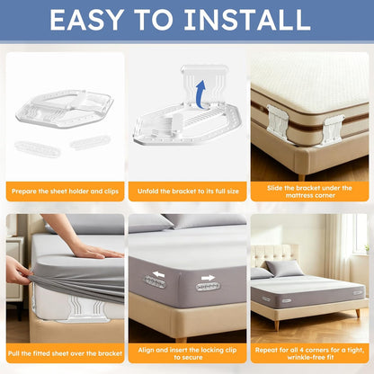 Bed Sheet Holders for Corners, 4 Pack Heavy Duty Sheet Locks | Keep Fitted Sheets in Place Firmly, Easy Snap-On Installation, Foldable Mattress Fasteners for Twin to Cal King