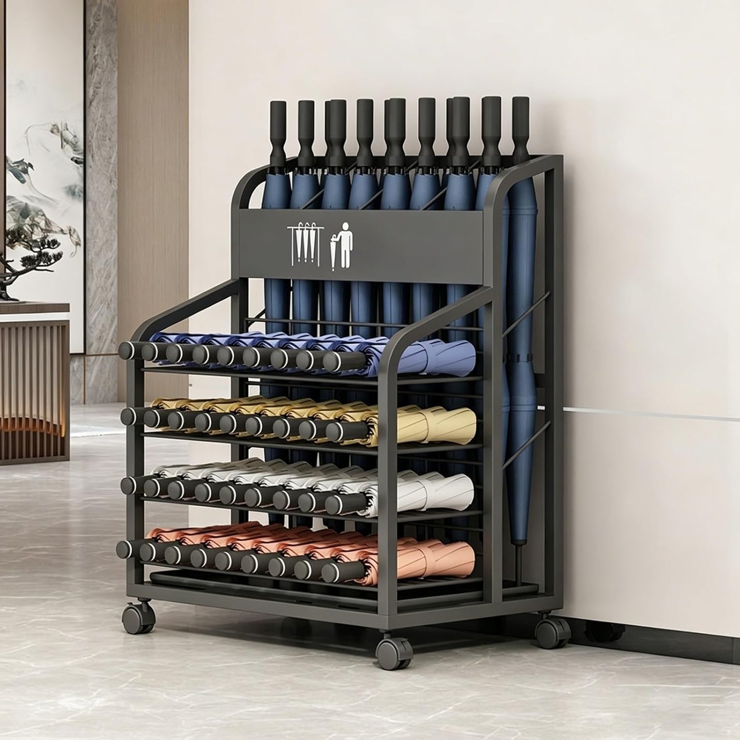 Umbrella Stand with Dual-Tier Partition, Umbrella Holder for Entryway with Drip Tray & Wheels, Thickened Iron Storage Rack for Long/Folding Cane(Black,Small)