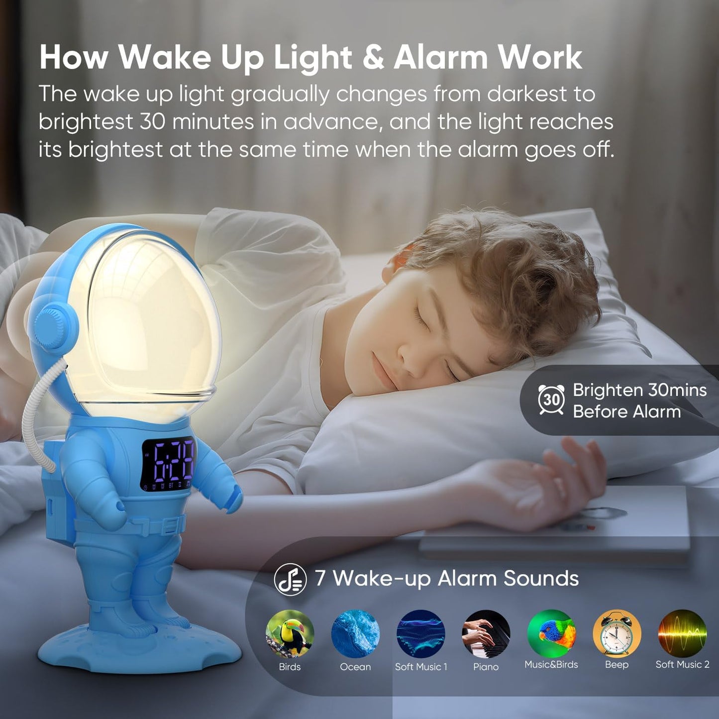AFEXOA Astronaut Sunrise Alarm Clock with Wake Up Light for Kids | 30 Soothing Sounds White Noise Sound Machine, 22 Dimmable Nightlights, Bluetooth Speaker, Dual Alarm Clock for Bedroom/Adults