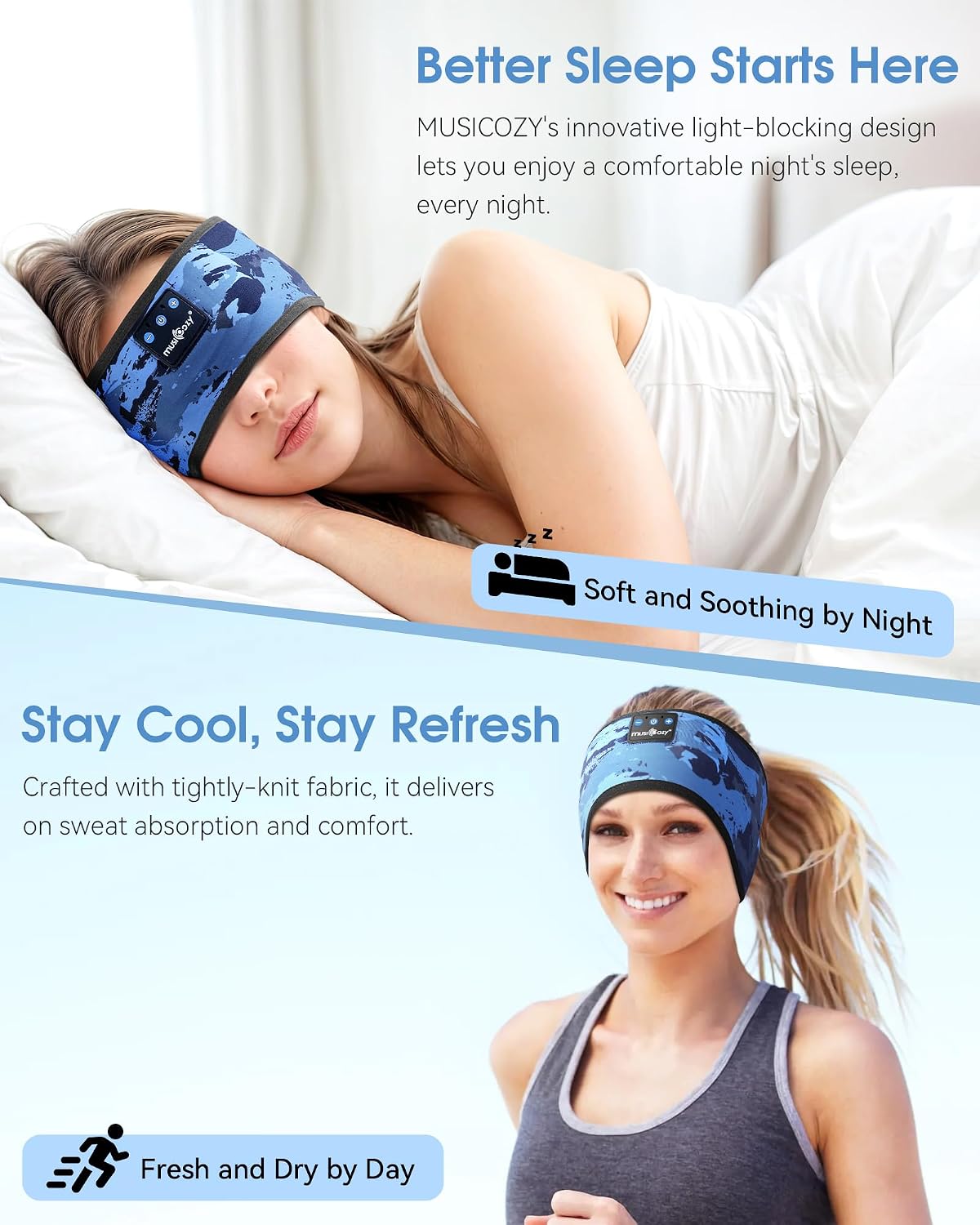 MUSICOZY Sleep Headphones Bluetooth Headband Headphones for Side Sleepers | Sleeping Headbands Wireless Sports Earphones Sweat Resistant Earbuds for Workout Running Cool Gadgets Unique Gifts for Women