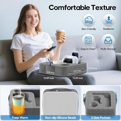 Couch Cup Holder Pillow, Sofa and Bed Caddy for iPad, Kindle, Switch, Game Controller, Remotes, Phones, Small-Sized Cup & Drink Holder for Couch, Bed, Desk, Car, Beach, Bathroom Cup Holder