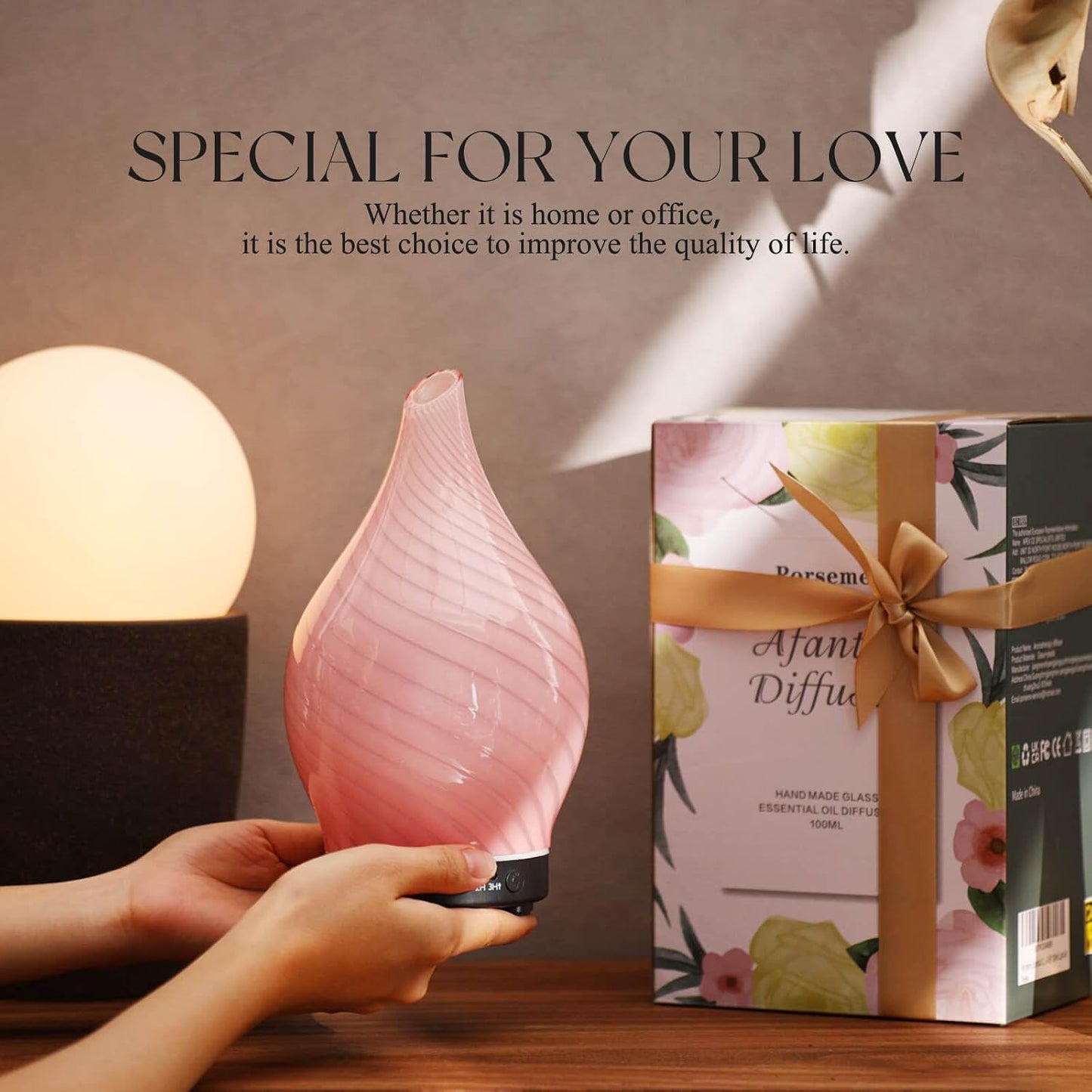 Porseme Oil Diffuser 3D Glass Aromatherapy Ultrasonic Humidifier, Air Refresh Auto Shut-Off, Timer Setting, BPA Free for Home Hotel Yoga Leisure SPA Gift 150ml Last 6H - Colors B