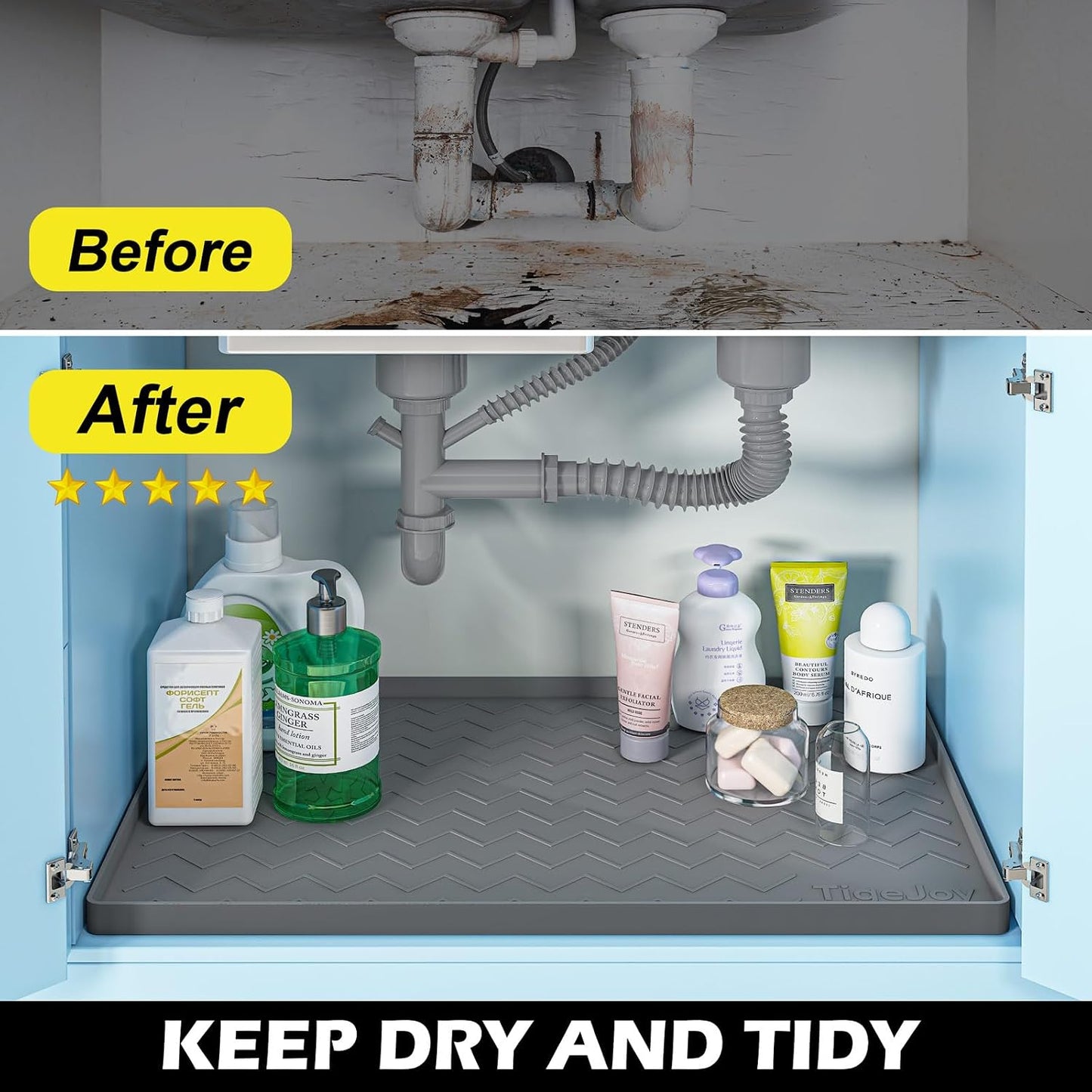 TigeJoy Under Sink Mats for Kitchen Waterproof 34" x 22", Cabinet Liner | Leak-Proof Silicone Mat Sink Protector, Kitchen Essentials Organizer and Storage,Boot or Shoe Tray, Pet Feeding Mat