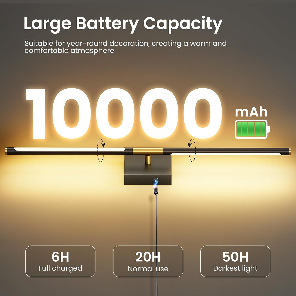 10000mAh Rechargeable Wall Lights, Black Gold, 29 Inch, 3CCT, 2 Pack