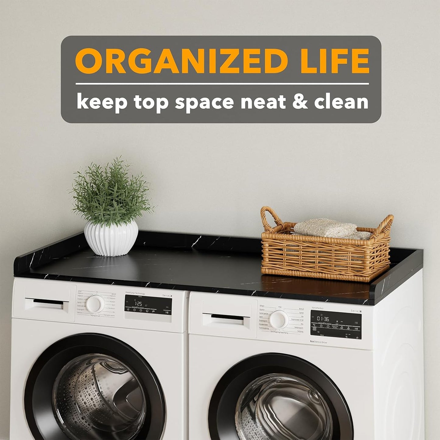 SpaceAid Washer Dryer Countertop, Laundry Wood Shelf Topper with Edge, 54" Width x 27.5" Depth Cover Guard Organizer for Washer and Dryer Laundry Hamper Counter Storage Organization (Black)