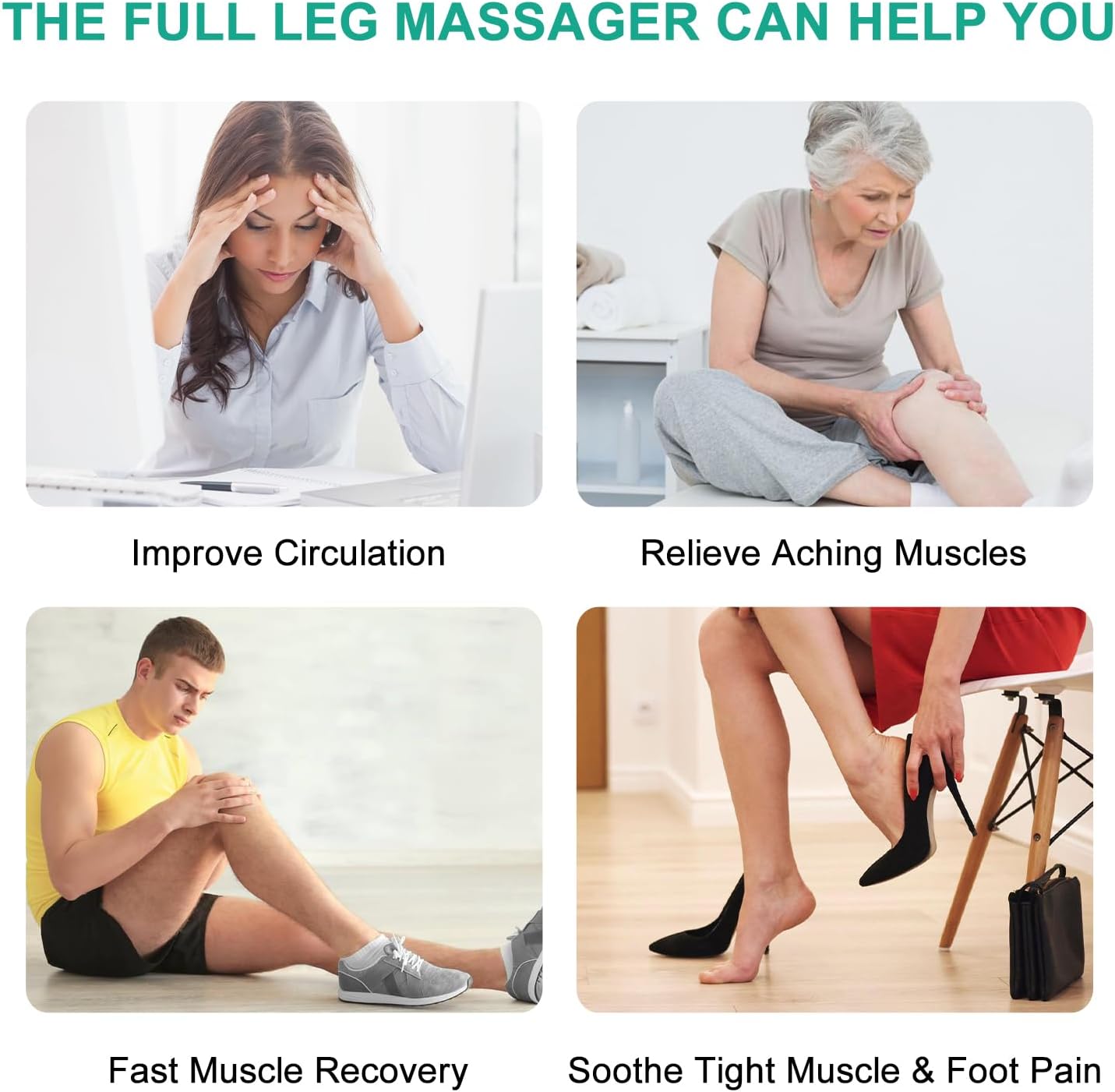 QUINEAR Full Leg Massager, Foot, Calf & Thigh Massage Machine- 3 Intensities 3 Modes Air Compression Therapy Device Help for Elderly Pain Relief, Swelling, RLS, Edema, 2 Extensions for Bigger Calf