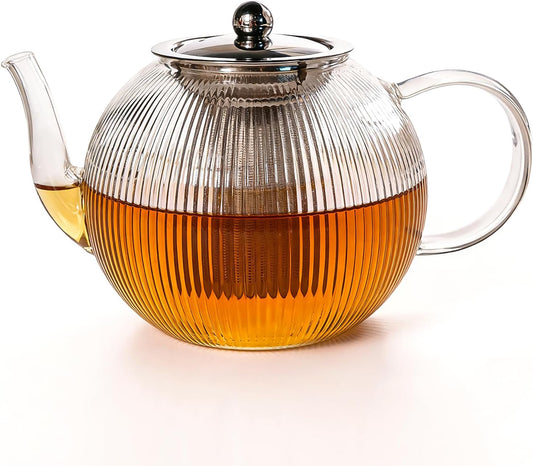 50OZ/1500ml Ribbed Borosilicate Glass Teapot with Removable Stainless Steel Infuser & Lid, Stovetop Safe Vertical Striped Clear Tea Kettle for Loose Leaf & Blooming Tea