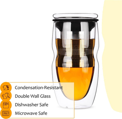BTaT- Double Wall Glass Tea Cup With Stainless Steel Infuser and Lid, 16 oz, Borosilicate Glass Tea Mug Infuser, Gifts for Tea Lovers