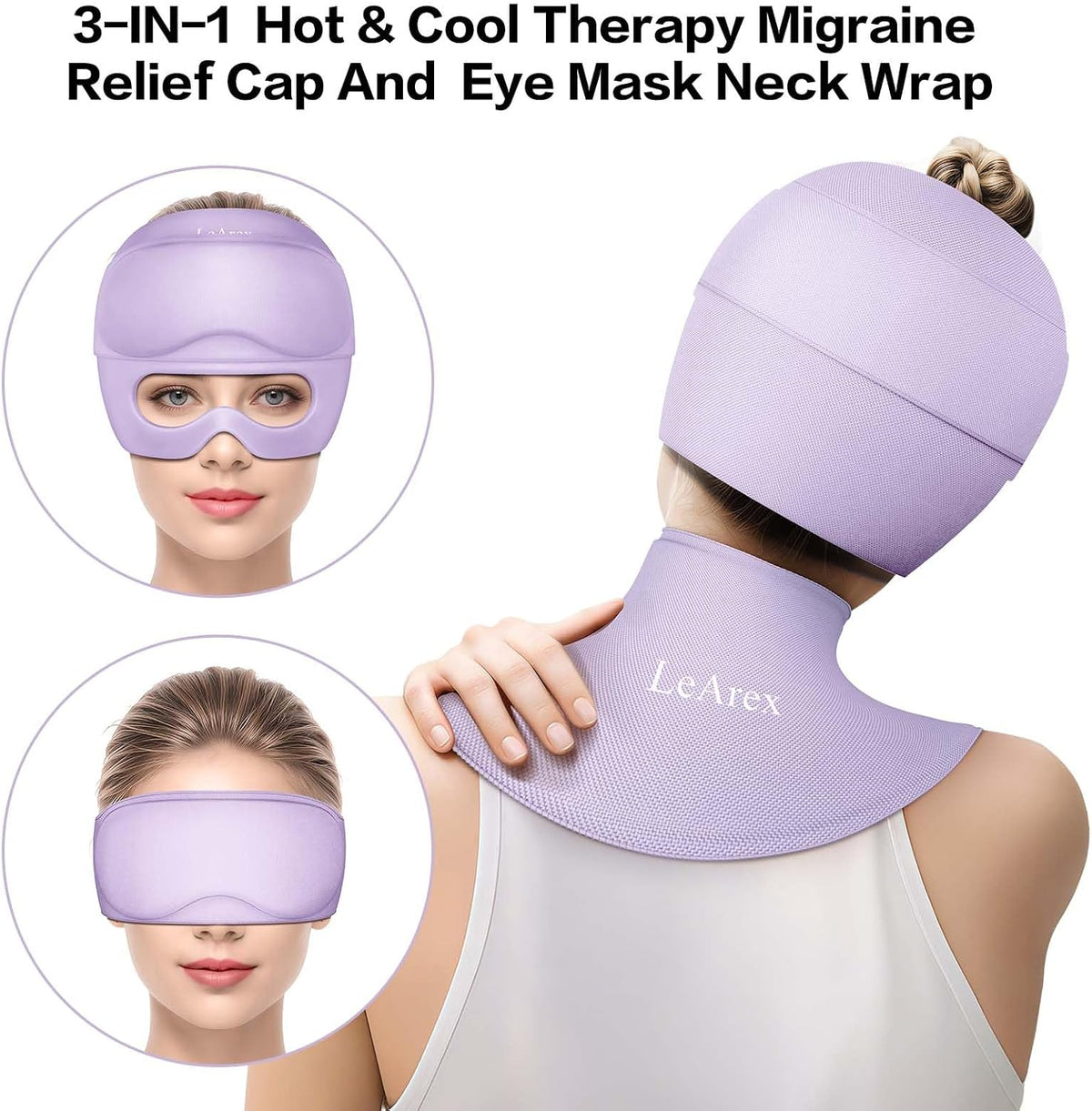 3 in 1 Migraine Relief Cap Neck Ice Pack Wrap Gel and Ice Eye Masks, Detachable Ice Caps with Eyes Masks, Hot and Cold Therapy for Relief of Headaches, Stiff Neck and Eye Fatigue (Purple)