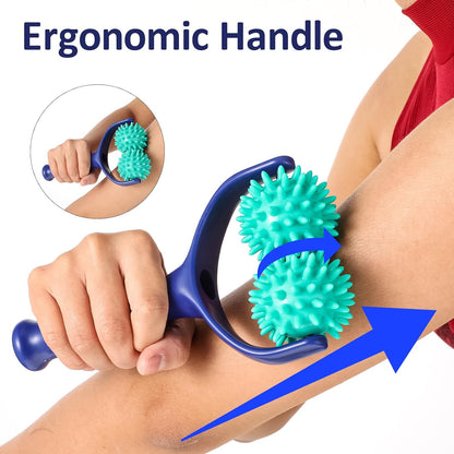 Handheld Spiky Massage Balls Rollers, 2 Wheel Spiky Massage Ball Rollers Silicone Manual Massage Roller with Handle Pressure Point Muscle Massage Tool for Foot Arm Body Neck Leg Pain Pressure Relief
