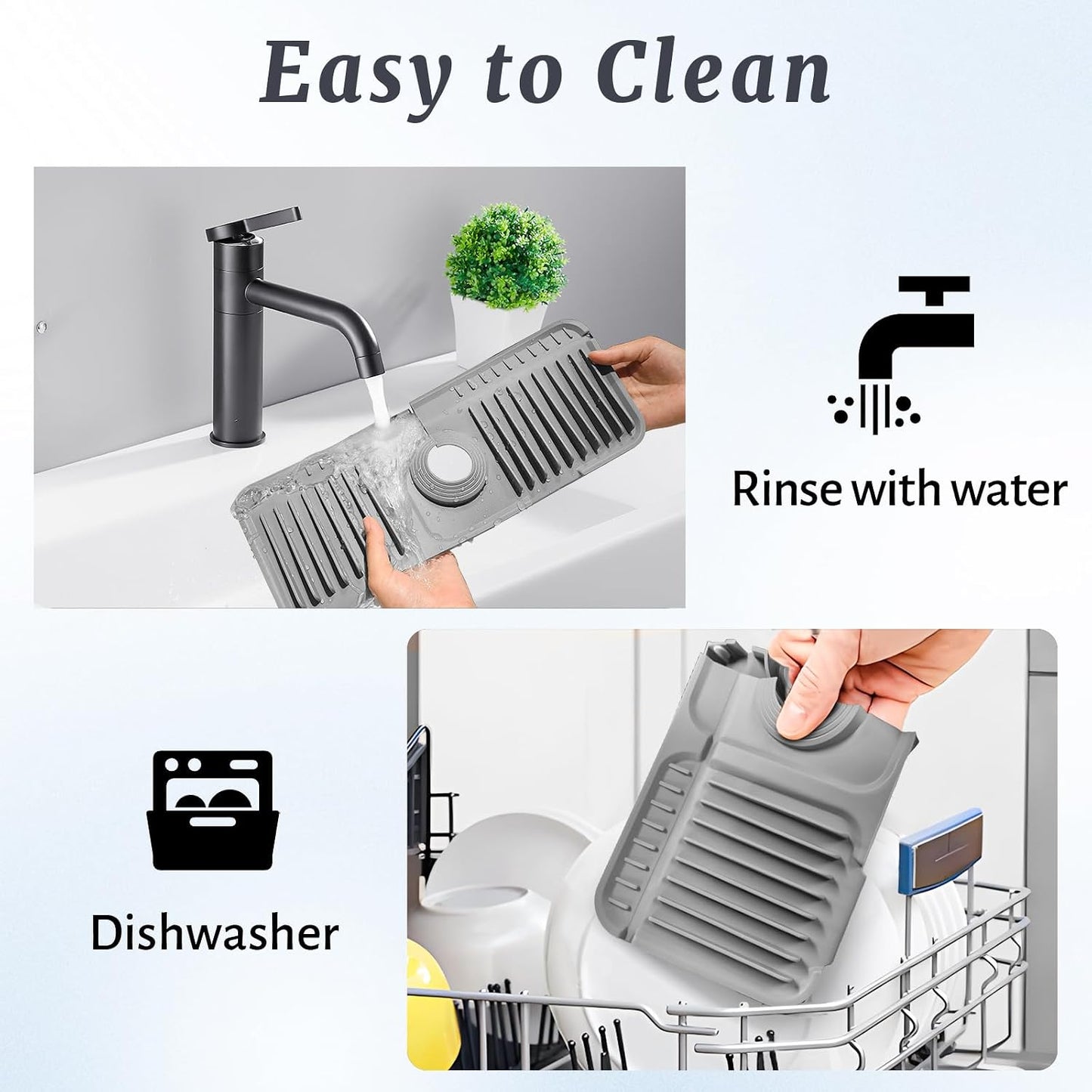 PoYang 24 Inch Faucet Mat for Kitchen Sink Splash Guard, Silicone, Black | Sink Protectors with 7° Slope for Smooth Drainage, Snap Button Holds It in Place, 90° Foldable & Cuttable Hole Fit Most Sinks