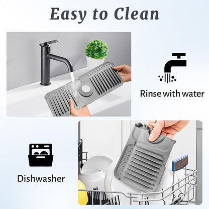 PoYang 24 Inch Faucet Mat for Kitchen Sink Splash Guard, Silicone, Black | Sink Protectors with 7° Slope for Smooth Drainage, Snap Button Holds It in Place, 90° Foldable & Cuttable Hole Fit Most Sinks