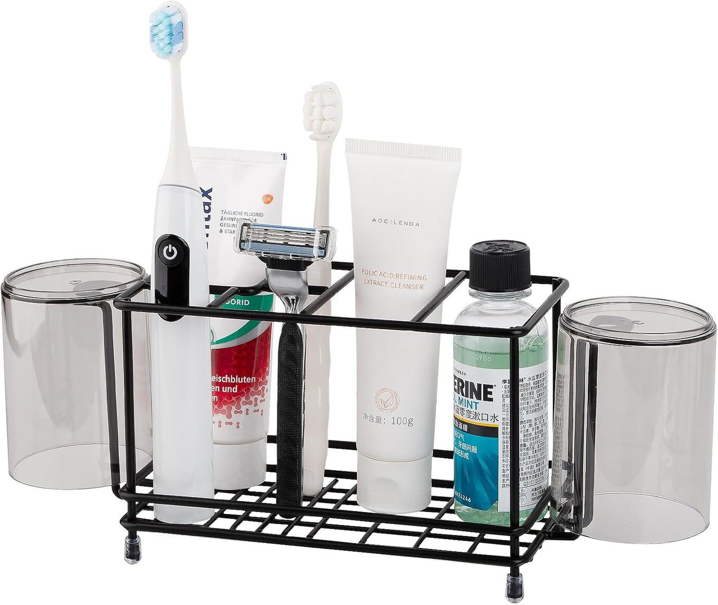 Toothbrush Holders Toothpaste Organizer Bathroom Accessories, Matte Black | Carbon Steel, 4 Slots, Removable Drip Tray, Easy to Clean, Electric Toothbrush Storage, for Countertop, Shower, Sink