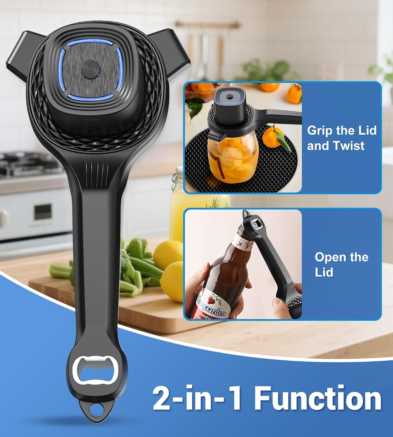 Electric Jar Opener for Seniors with Power-Clamp Technology, 2-in-1 Patent Automatic Jar & Bottle Opener Rechargeable 800mAh Hands-Free Opener with Bonus Anti-Slip Gripper Pad for Beer, Dressing, Jar