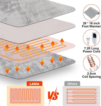 LAMA Electric Heated Foot Warmer, Double Persons Heating Foot Warmers for Men and Women, Rapid Foot Heating Pad with 6 Level Temp & 4 Timers for Bed/Christmas/Home/Office, Detachable,Washable,Grey