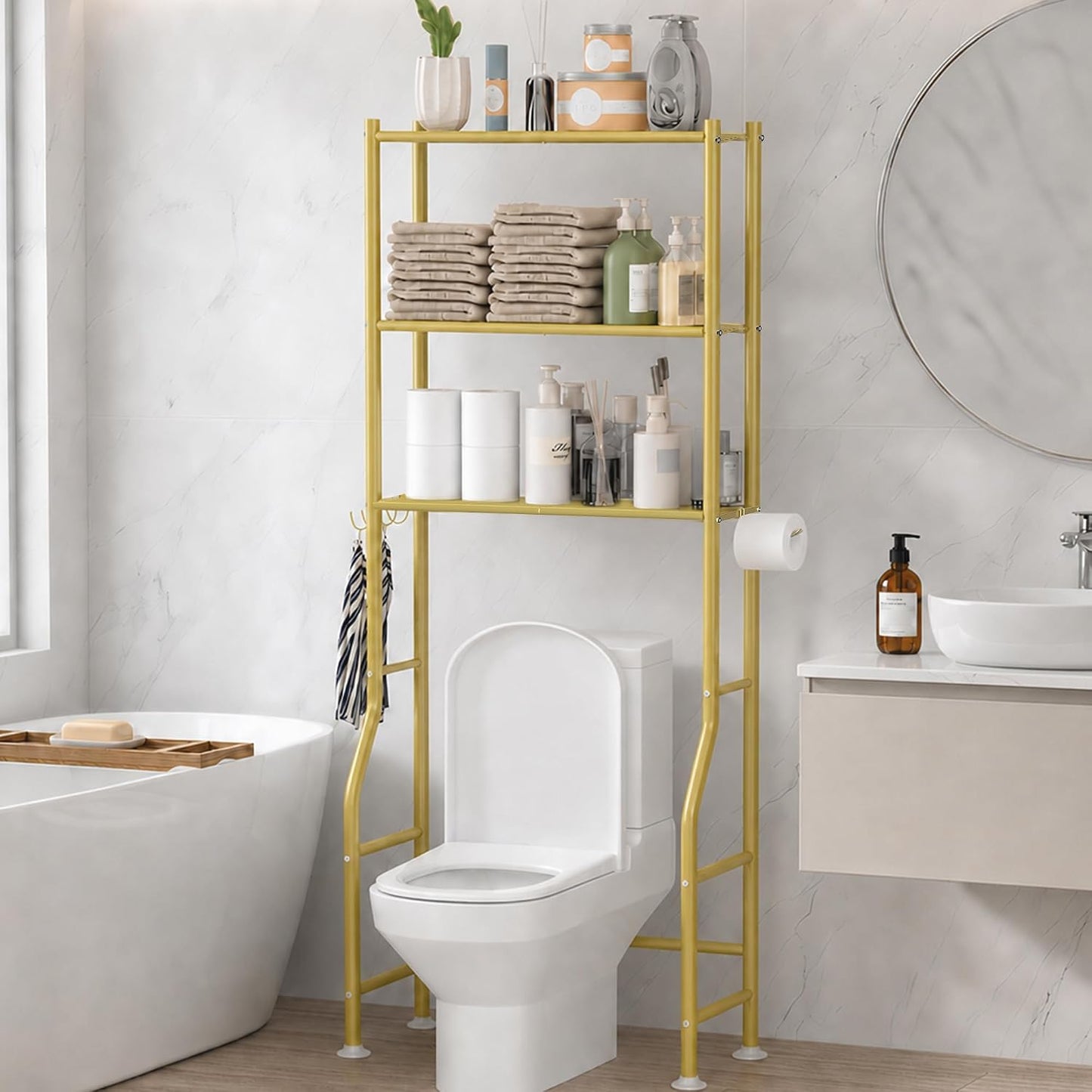 GloTika 3-Tier Over Toilet Storage, Anti-Tilt, 64" H, Black | Anti-Tilt Safety System, 150lb Capacity, Carbon Steel, Freestanding, No Drilling, Anti-Rust Coating, Paper Holder & 4 Hooks
